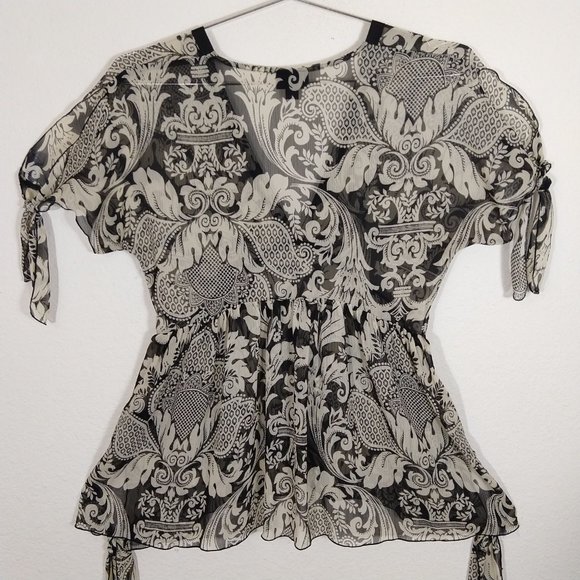 Anna Sui Floral Sheer V-neck Slit Short Sleeves Blouse Top Black Beige Size S - Picture 6 of 12